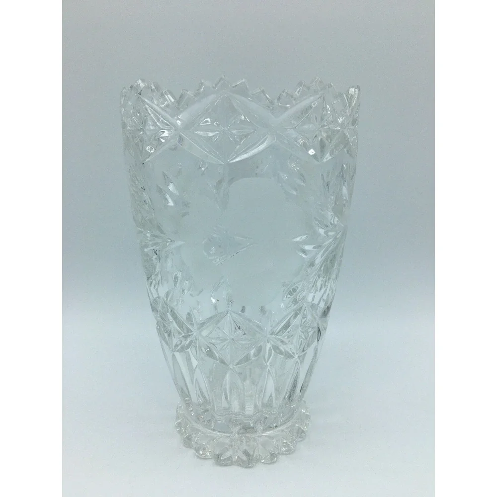 American Brilliant Cut Glass Vase Etched Rose Flowers Diamond Points 7